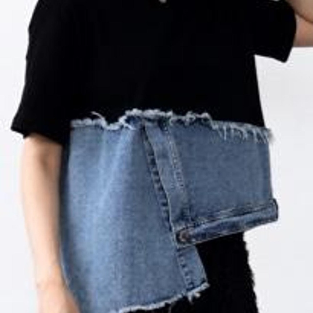 Women's Irregular Hem Black and Lightweight Light Wash Denim T Shirt
